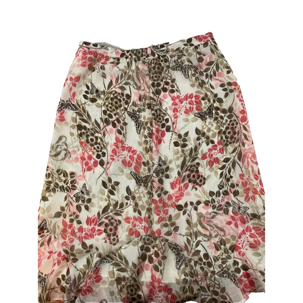 Alfred Dunner Pink & Beige Floral Sheer Lined Flared Bottom Midi Skirt Sz 14 J23